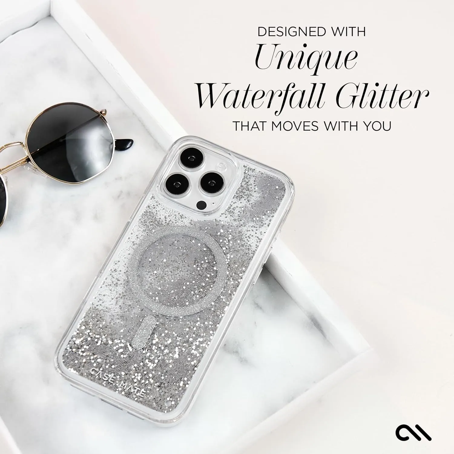 Case-Mate iPhone 16 Pro Max Case [Compatible with MagSafe] - Sparkly Liquid Glitter Phone Case with 12ft Drop Protection - Premium Magnetic Cover for iPhone 16 Pro Max - Silver Waterfall