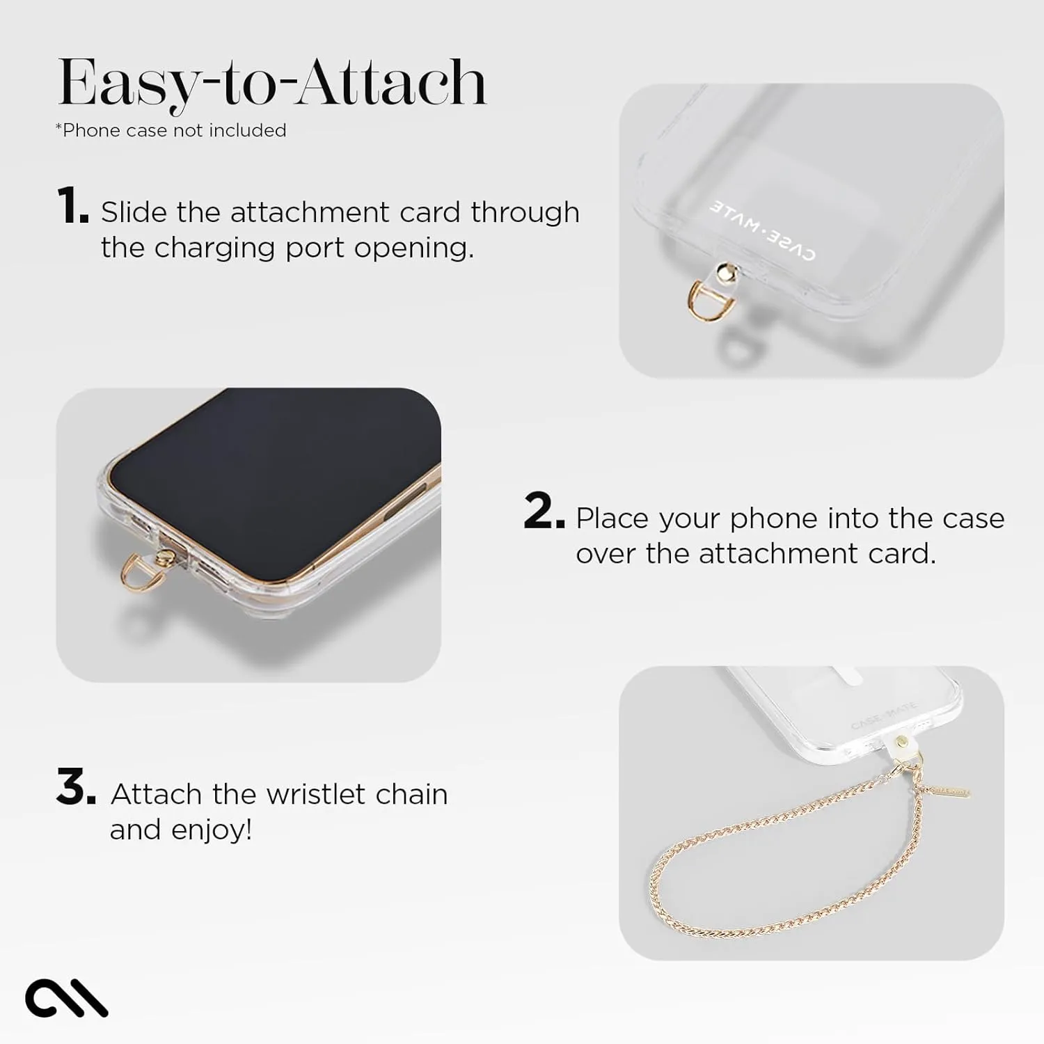 Case-Mate Phone Charm with Gold Chain - Detachable Anti Theft Strap - Hands-Free iPhone Wrist Strap for Women - Phone Wristlet - Fits Galaxy, Google Pixel and More - Dainty Gold Chain