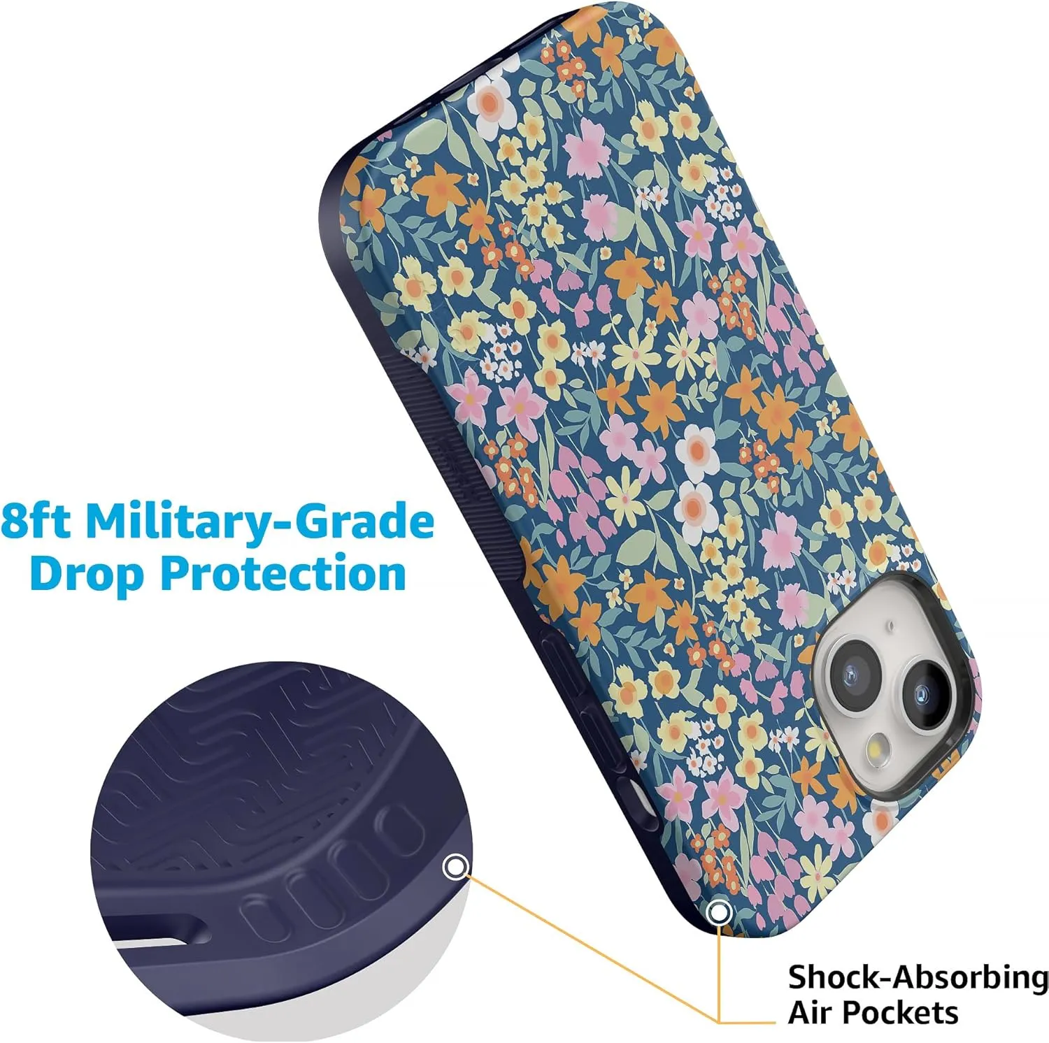 Casely iPhone 15 Case | Full Bloom | Navy Floral | Bold Case | Compatible with MagSafe