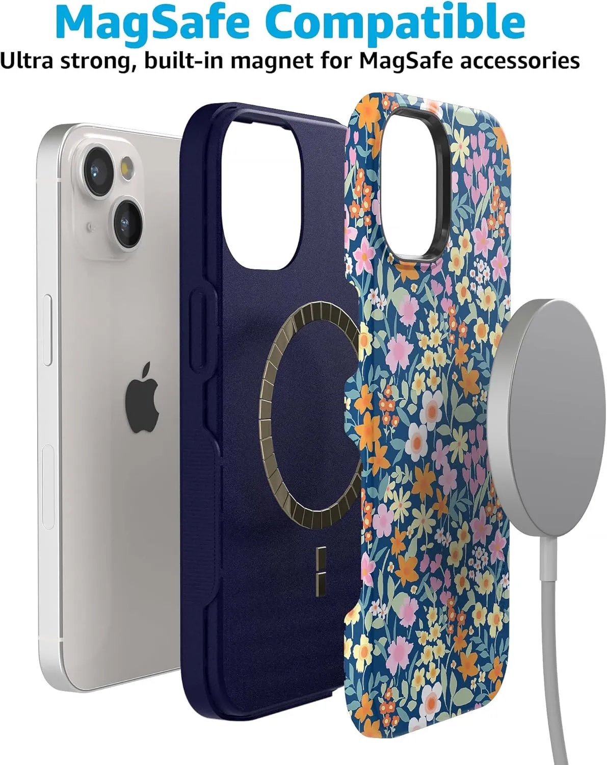 Casely iPhone 15 Case | Full Bloom | Navy Floral | Bold Case | Compatible with MagSafe