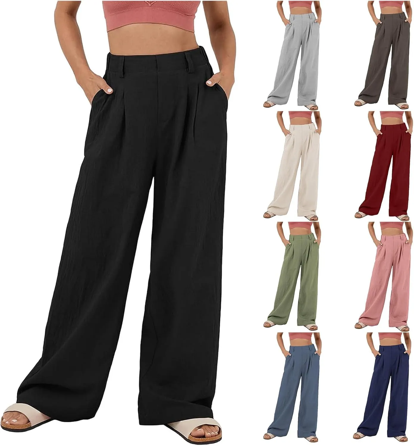 Casual Work Pants Women Summer Loose Wide Leg Pants Dressy Lightweight High Waisted Straight Leg Trousers with Pockets