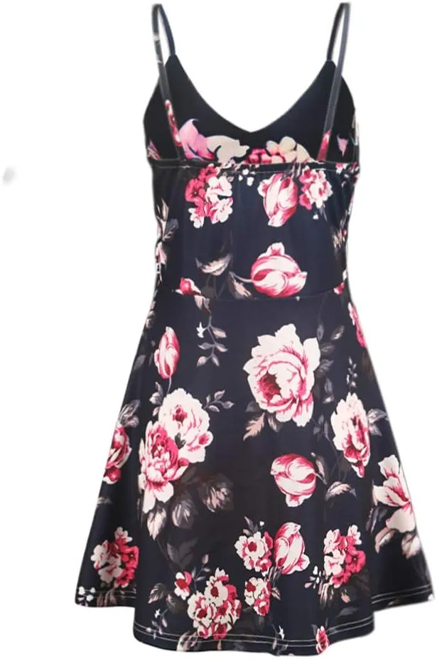 CASURESS Womens Dresses V Neck Mini Floral Spaghetti Strap Tie Knot Front Flowy Pleated Swing Dress