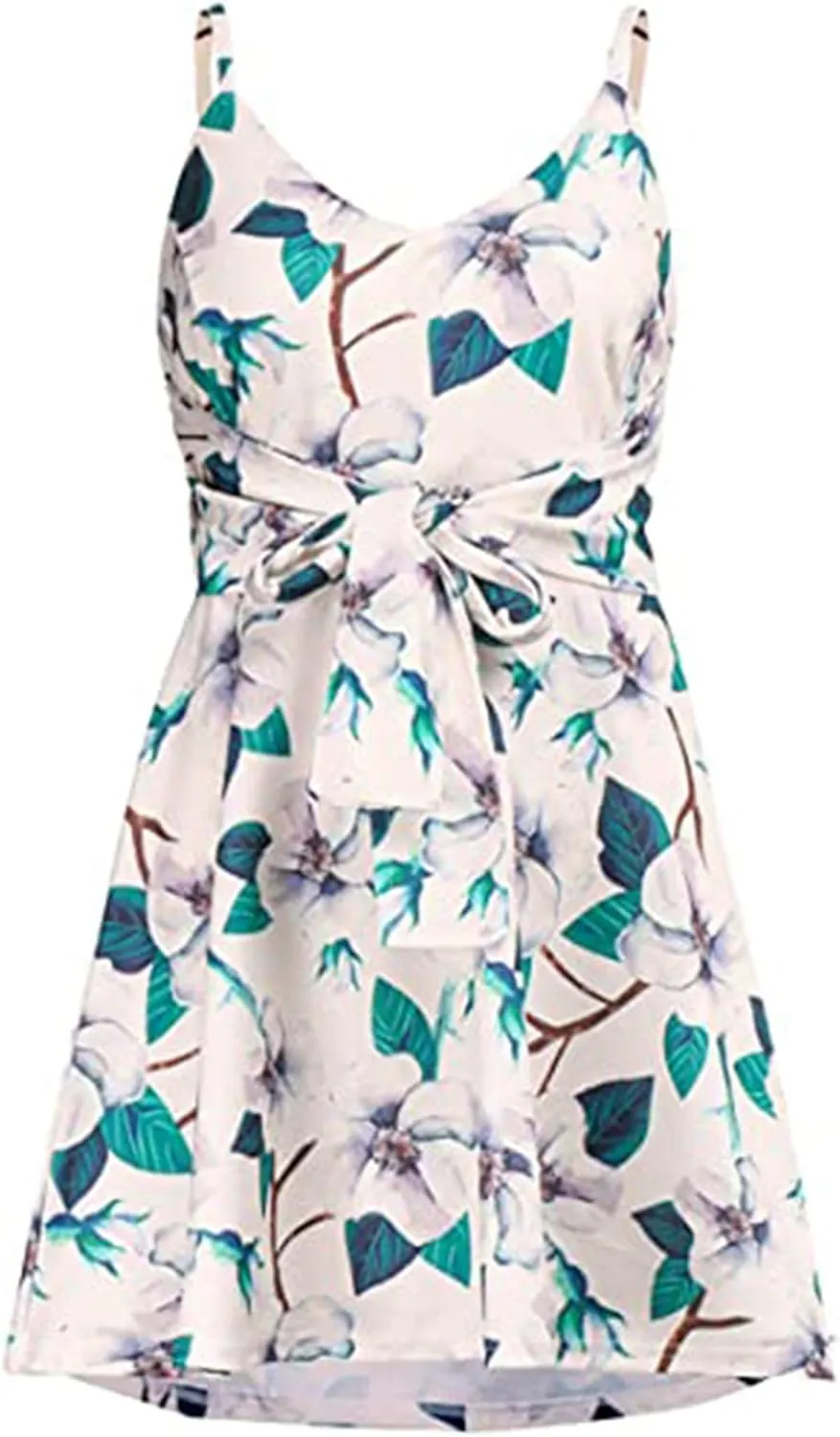 CASURESS Womens Dresses V Neck Mini Floral Spaghetti Strap Tie Knot Front Flowy Pleated Swing Dress