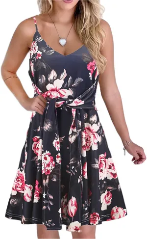 CASURESS Womens Dresses V Neck Mini Floral Spaghetti Strap Tie Knot Front Flowy Pleated Swing Dress