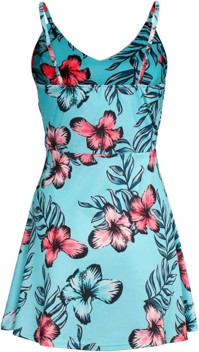 CASURESS Womens Dresses V Neck Mini Floral Spaghetti Strap Tie Knot Front Flowy Pleated Swing Dress