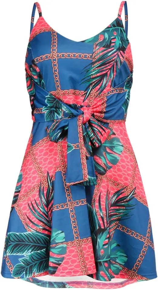 CASURESS Womens Dresses V Neck Mini Floral Spaghetti Strap Tie Knot Front Flowy Pleated Swing Dress