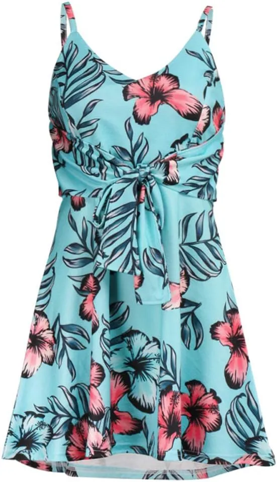 CASURESS Womens Dresses V Neck Mini Floral Spaghetti Strap Tie Knot Front Flowy Pleated Swing Dress
