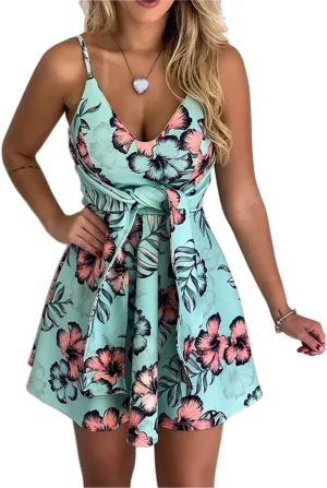 CASURESS Womens Dresses V Neck Mini Floral Spaghetti Strap Tie Knot Front Flowy Pleated Swing Dress