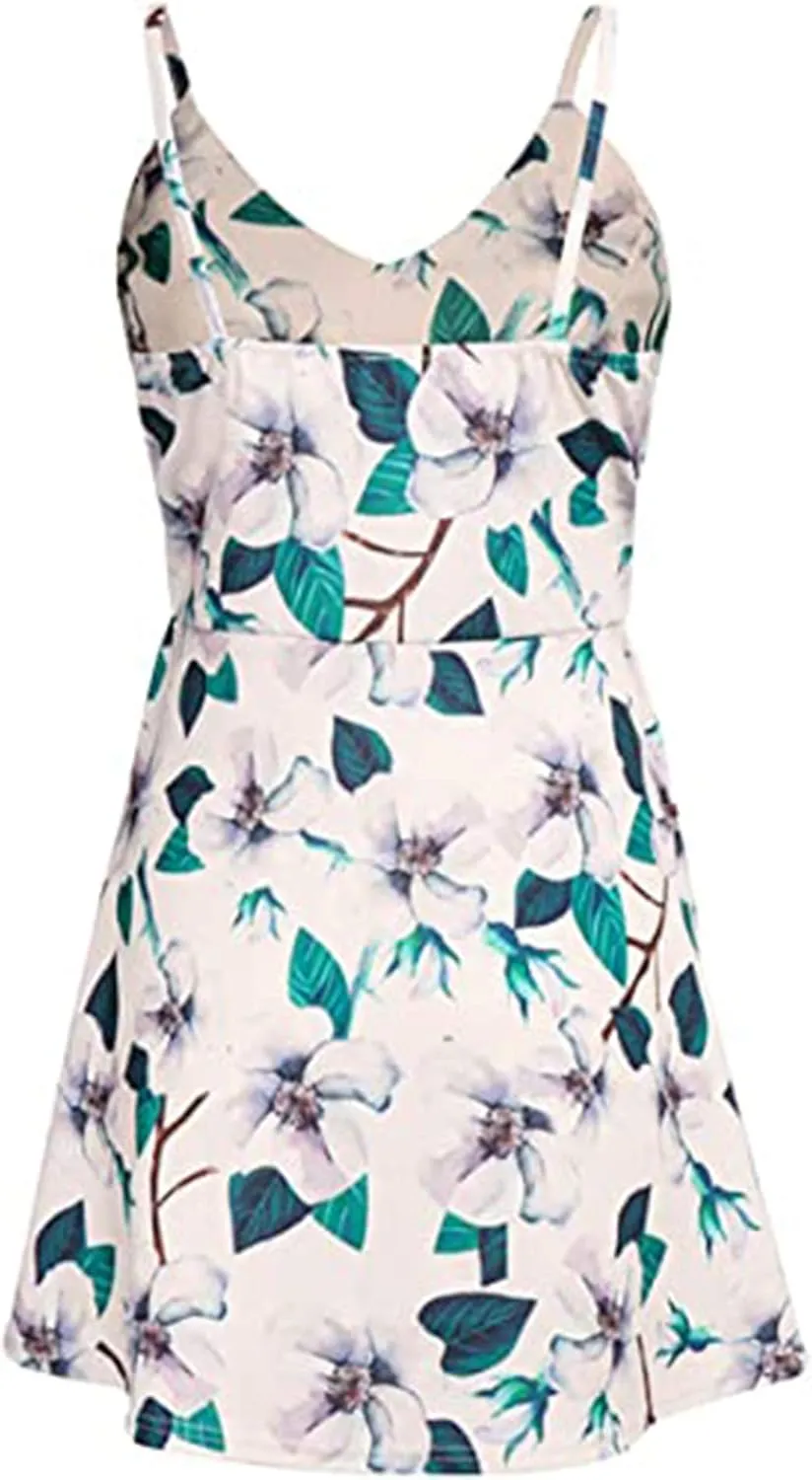 CASURESS Womens Dresses V Neck Mini Floral Spaghetti Strap Tie Knot Front Flowy Pleated Swing Dress
