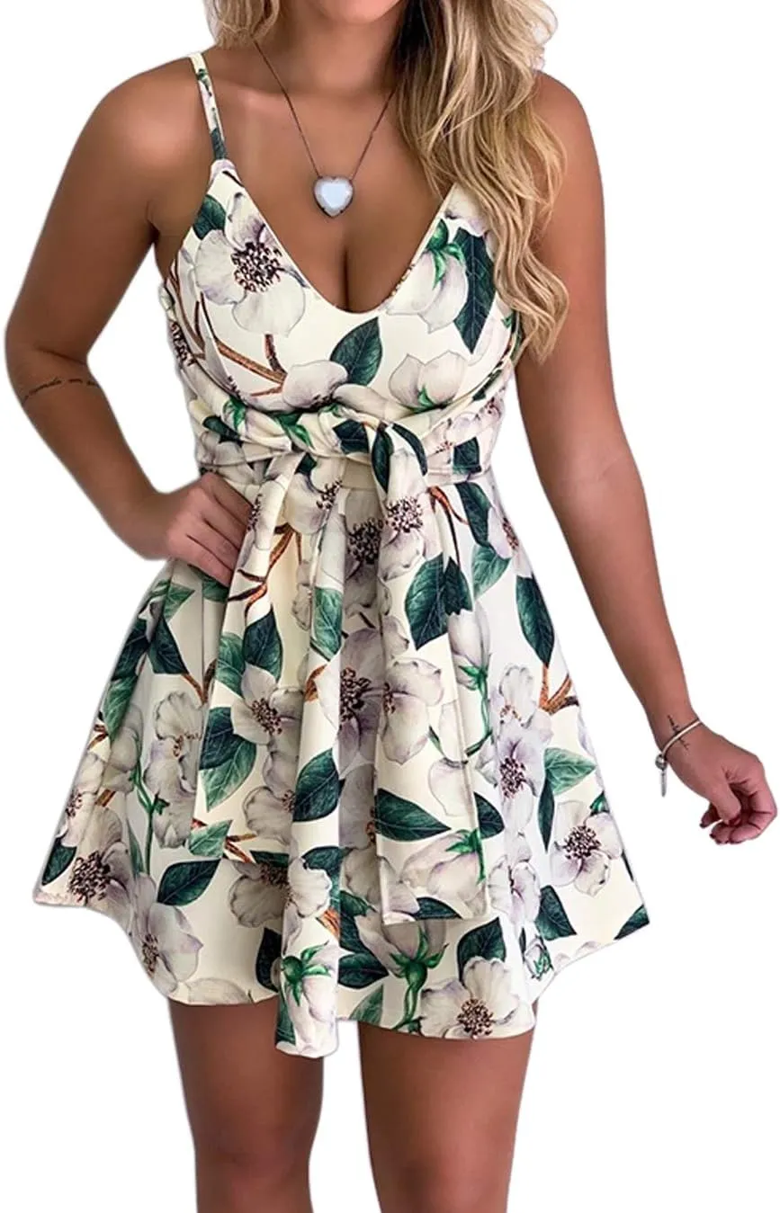 CASURESS Womens Dresses V Neck Mini Floral Spaghetti Strap Tie Knot Front Flowy Pleated Swing Dress