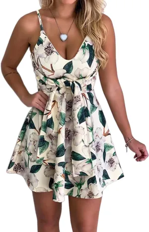CASURESS Womens Dresses V Neck Mini Floral Spaghetti Strap Tie Knot Front Flowy Pleated Swing Dress