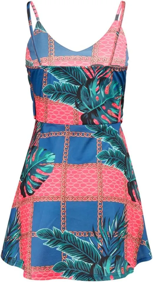 CASURESS Womens Dresses V Neck Mini Floral Spaghetti Strap Tie Knot Front Flowy Pleated Swing Dress