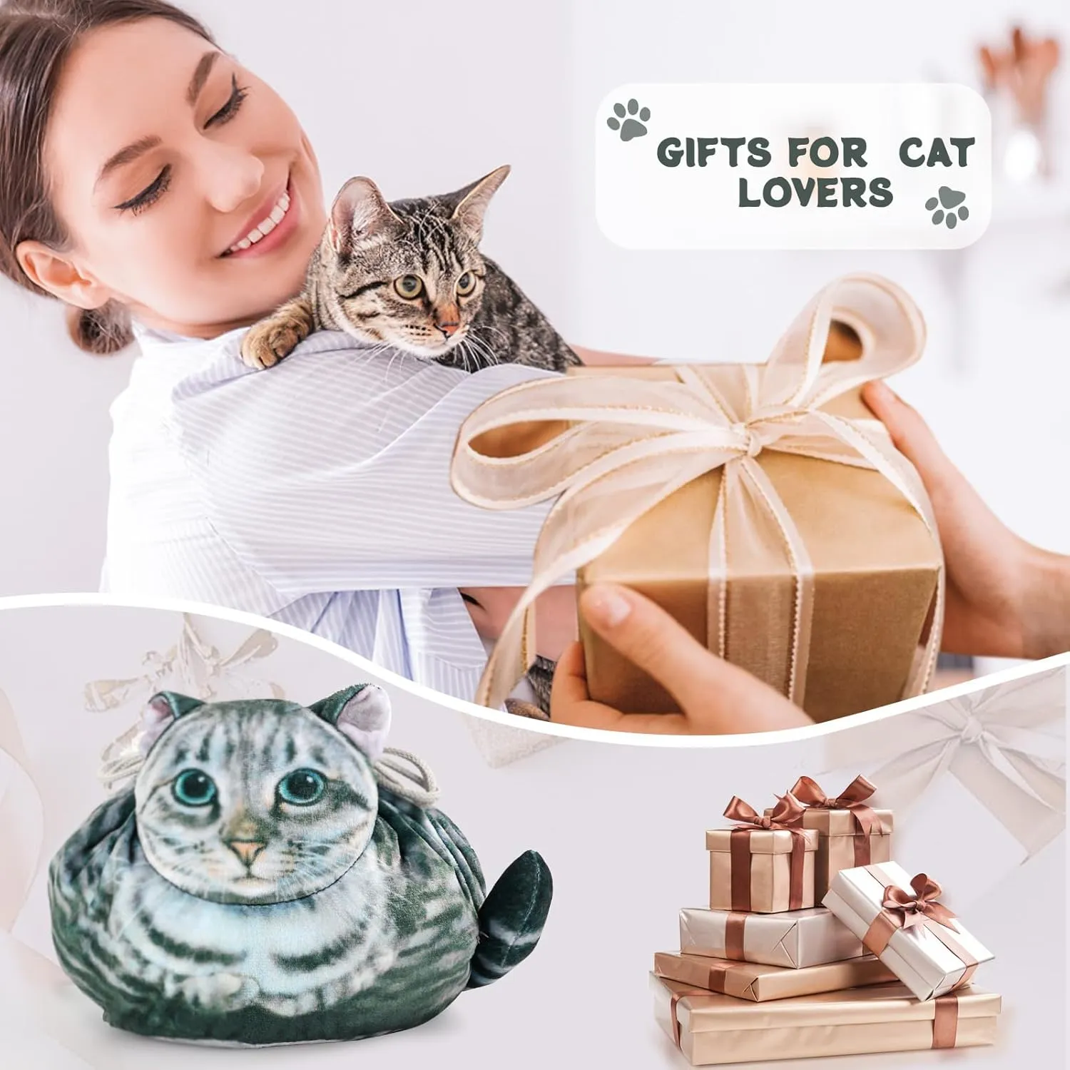 Cat Shaped Drawstring Makeup Bag for Women - Grey Tabby Cat Design Cosmetic Case
