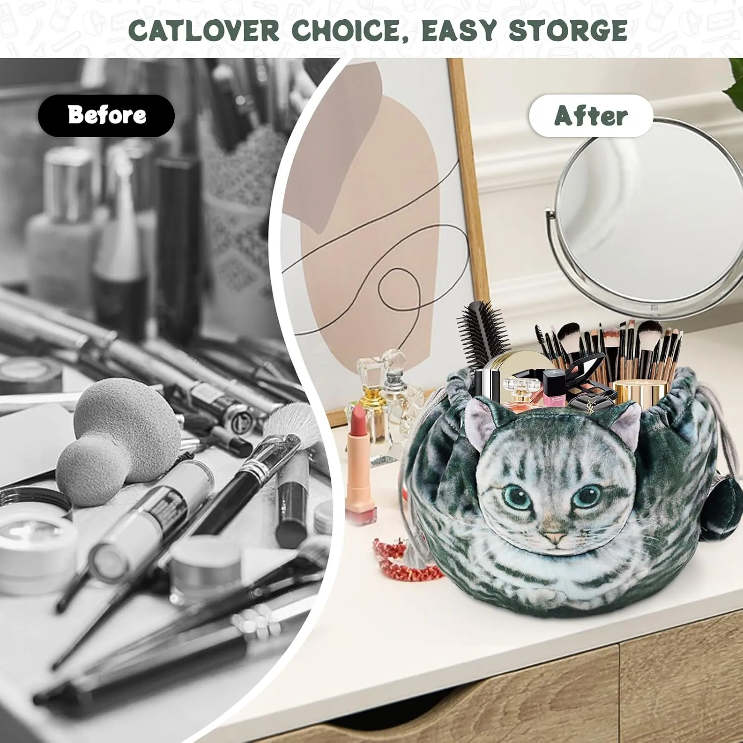 Cat Shaped Drawstring Makeup Bag for Women - Grey Tabby Cat Design Cosmetic Case