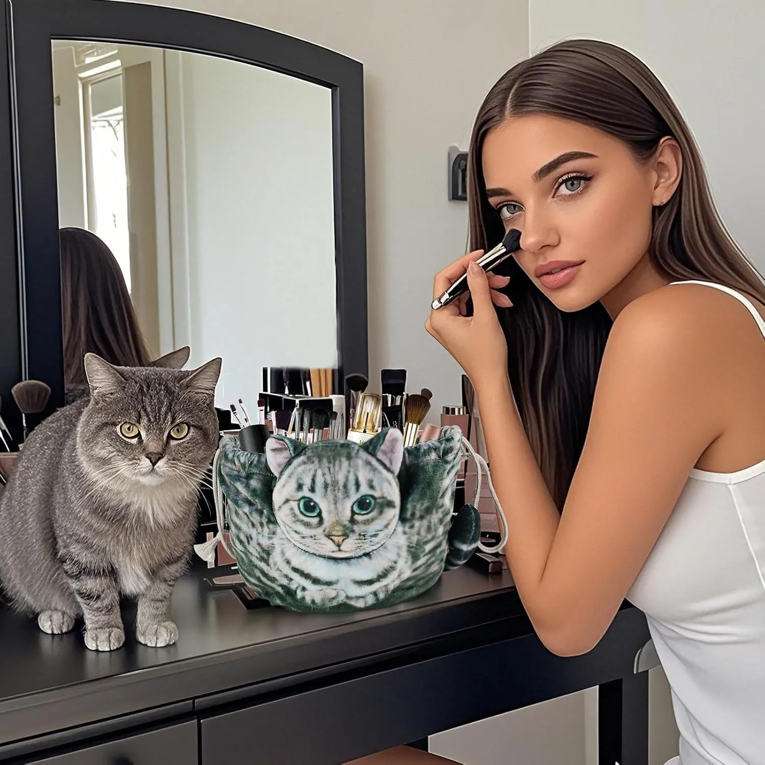 Cat Shaped Drawstring Makeup Bag for Women - Grey Tabby Cat Design Cosmetic Case