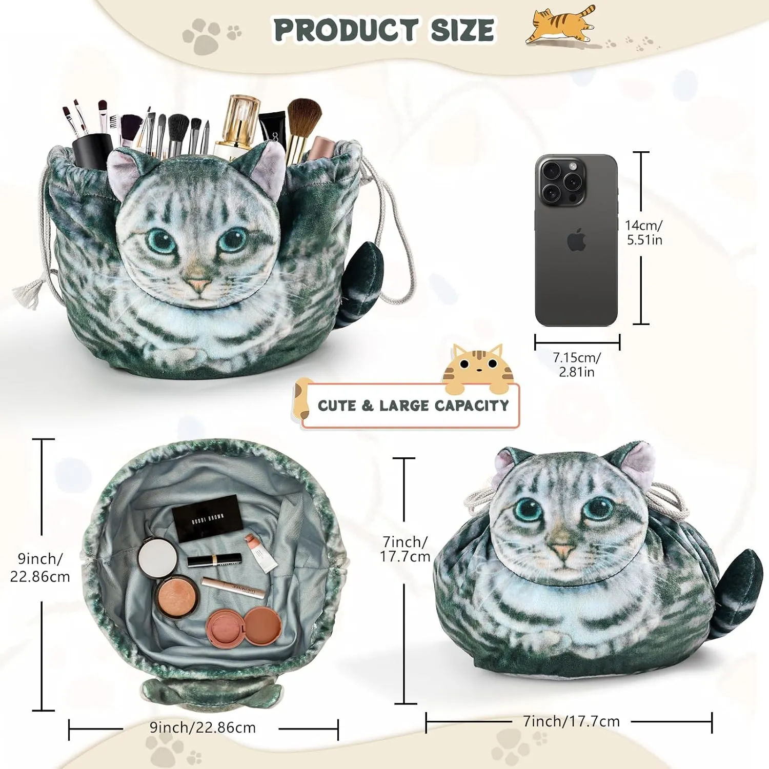 Cat Shaped Drawstring Makeup Bag for Women - Grey Tabby Cat Design Cosmetic Case
