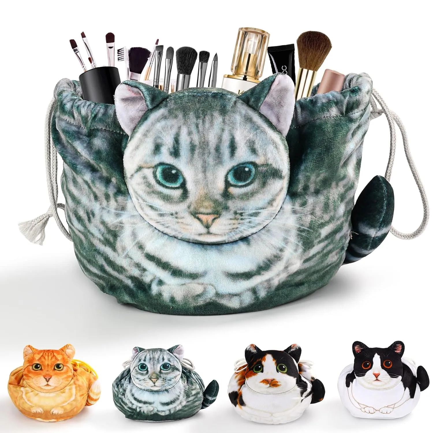 Cat Shaped Drawstring Makeup Bag for Women - Grey Tabby Cat Design Cosmetic Case