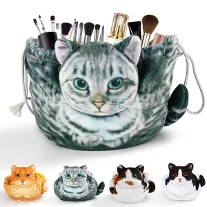 Cat Shaped Drawstring Makeup Bag for Women - Grey Tabby Cat Design Cosmetic Case