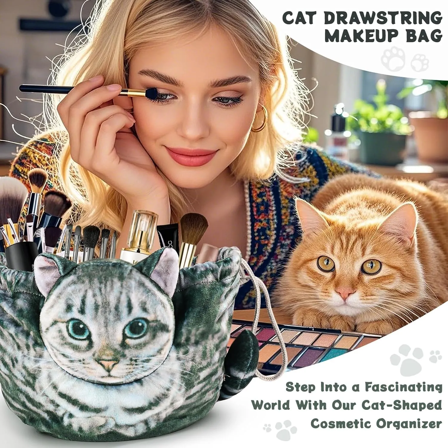 Cat Shaped Drawstring Makeup Bag for Women - Grey Tabby Cat Design Cosmetic Case