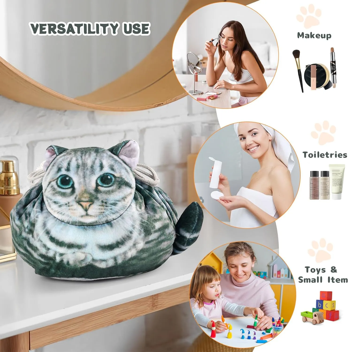 Cat Shaped Drawstring Makeup Bag for Women - Grey Tabby Cat Design Cosmetic Case