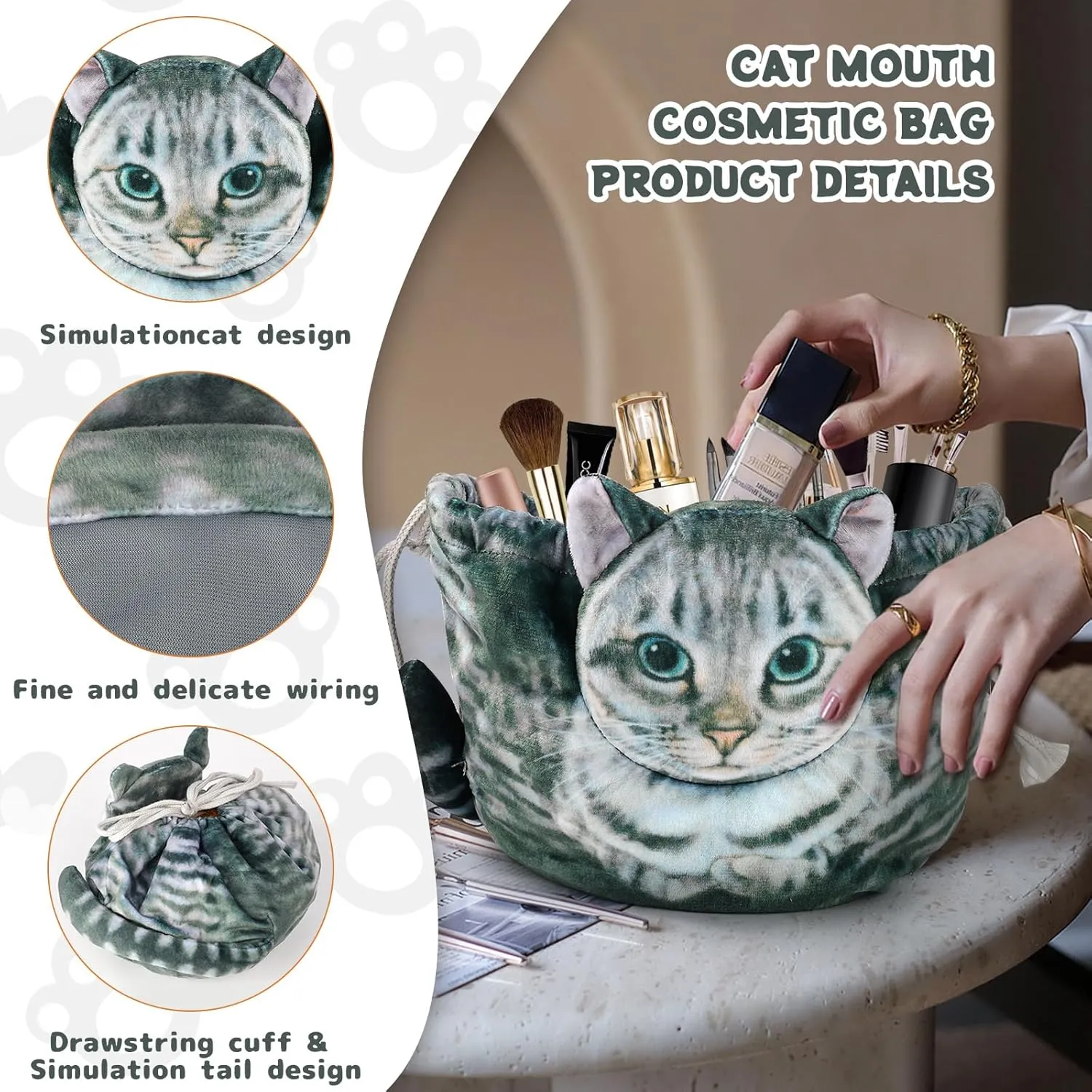 Cat Shaped Drawstring Makeup Bag for Women - Grey Tabby Cat Design Cosmetic Case