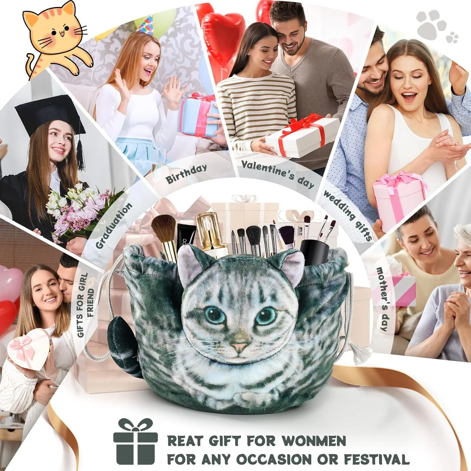 Cat Shaped Drawstring Makeup Bag for Women - Grey Tabby Cat Design Cosmetic Case