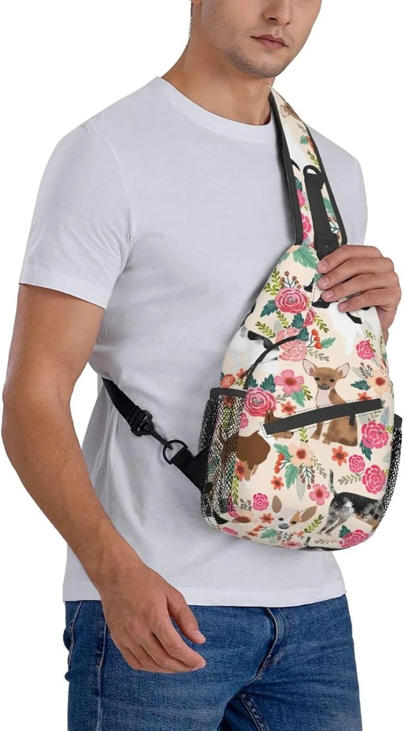 Cattle Dog Florals Unisex Casual Diagonal Chest Bag,Multipurpose Crossbody Shoulder Bag Travel Hiking Daypack