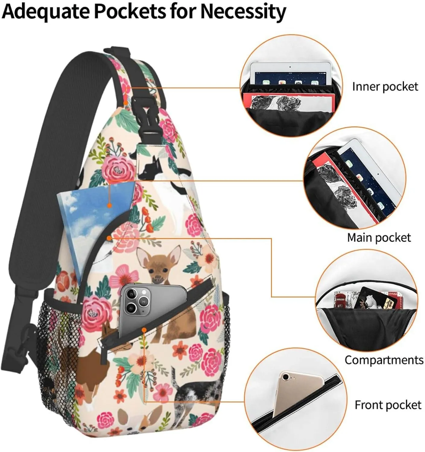 Cattle Dog Florals Unisex Casual Diagonal Chest Bag,Multipurpose Crossbody Shoulder Bag Travel Hiking Daypack