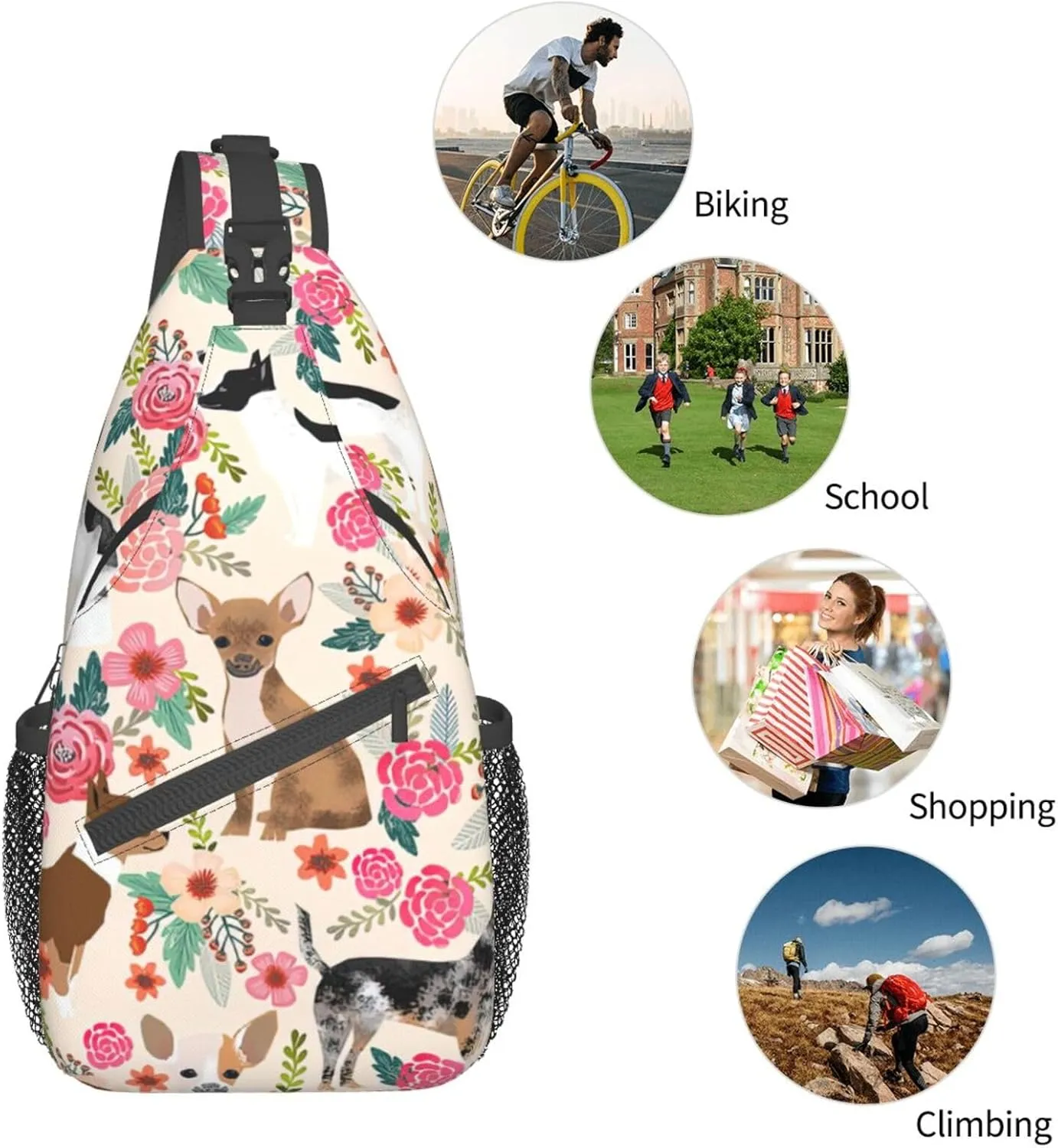 Cattle Dog Florals Unisex Casual Diagonal Chest Bag,Multipurpose Crossbody Shoulder Bag Travel Hiking Daypack