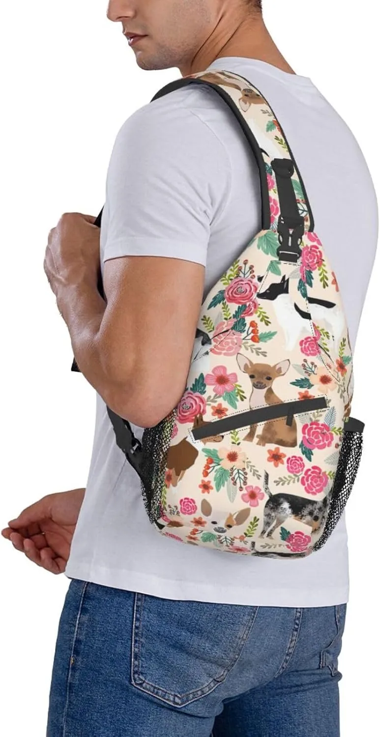Cattle Dog Florals Unisex Casual Diagonal Chest Bag,Multipurpose Crossbody Shoulder Bag Travel Hiking Daypack