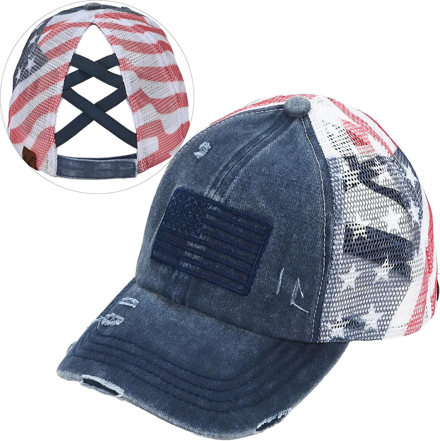 C.C Women's Criss-Cross Ponytail Baseball Cap – Embroidered Cotton Front, American Flag Mesh Back, Adjustable Velcro
