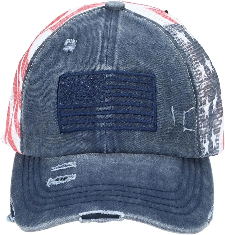 C.C Women's Criss-Cross Ponytail Baseball Cap – Embroidered Cotton Front, American Flag Mesh Back, Adjustable Velcro