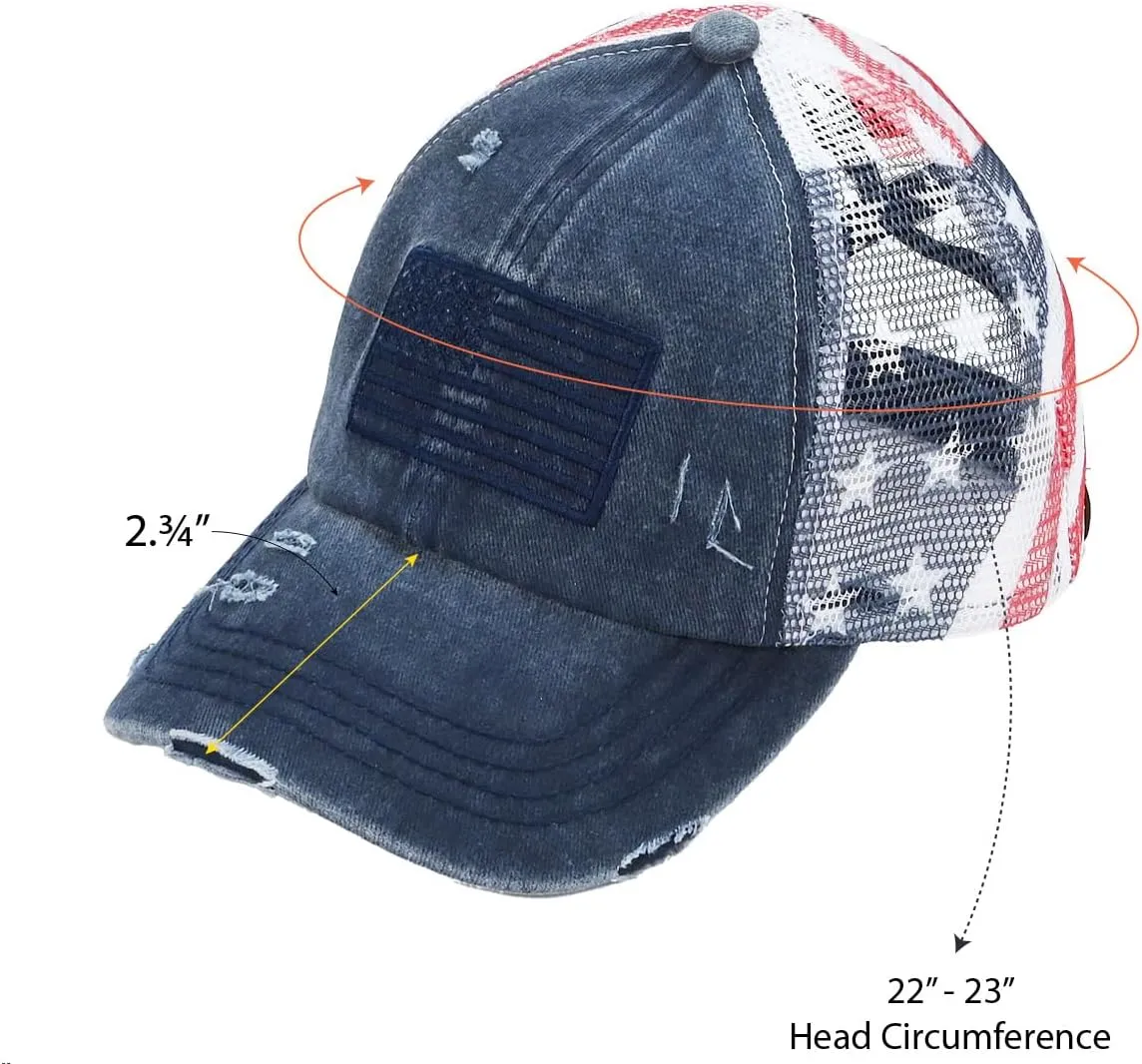 C.C Women's Criss-Cross Ponytail Baseball Cap – Embroidered Cotton Front, American Flag Mesh Back, Adjustable Velcro