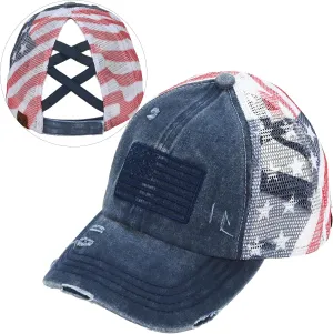 C.C Women's Criss-Cross Ponytail Baseball Cap – Embroidered Cotton Front, American Flag Mesh Back, Adjustable Velcro