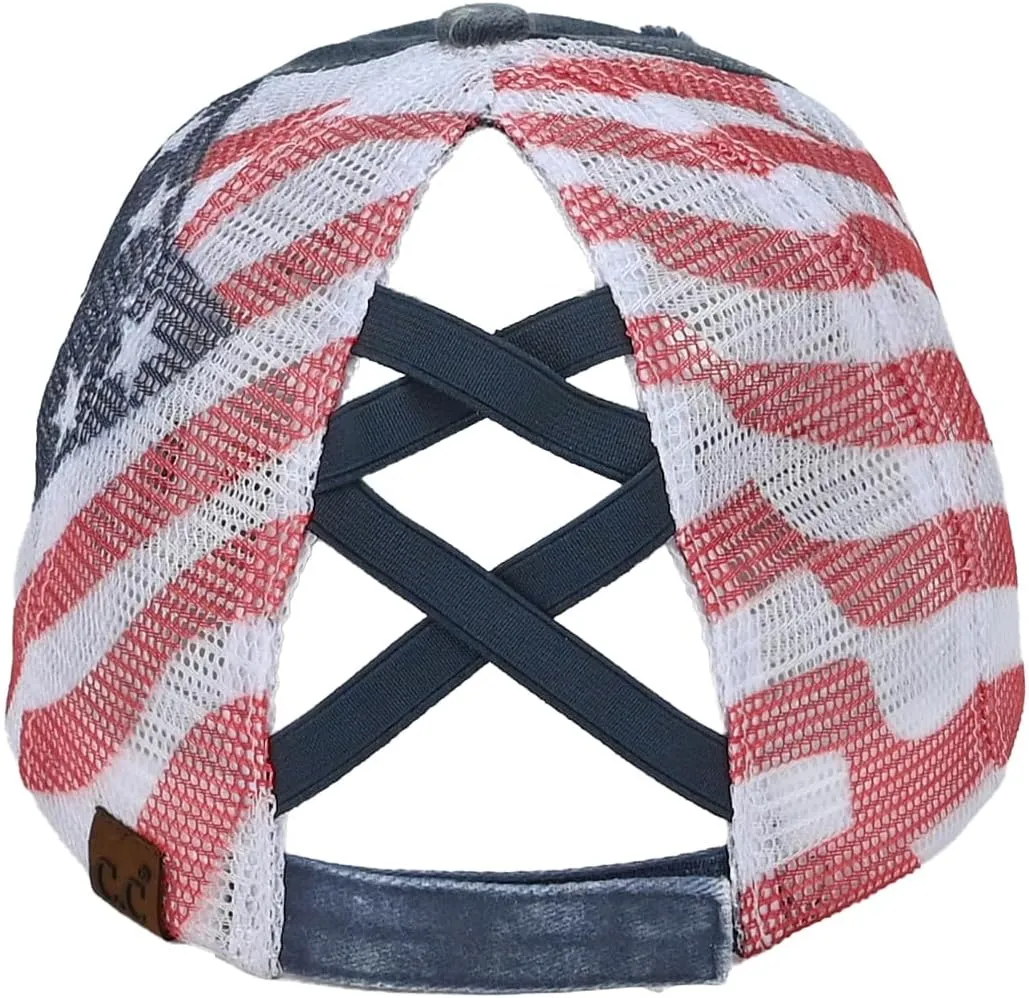 C.C Women's Criss-Cross Ponytail Baseball Cap – Embroidered Cotton Front, American Flag Mesh Back, Adjustable Velcro