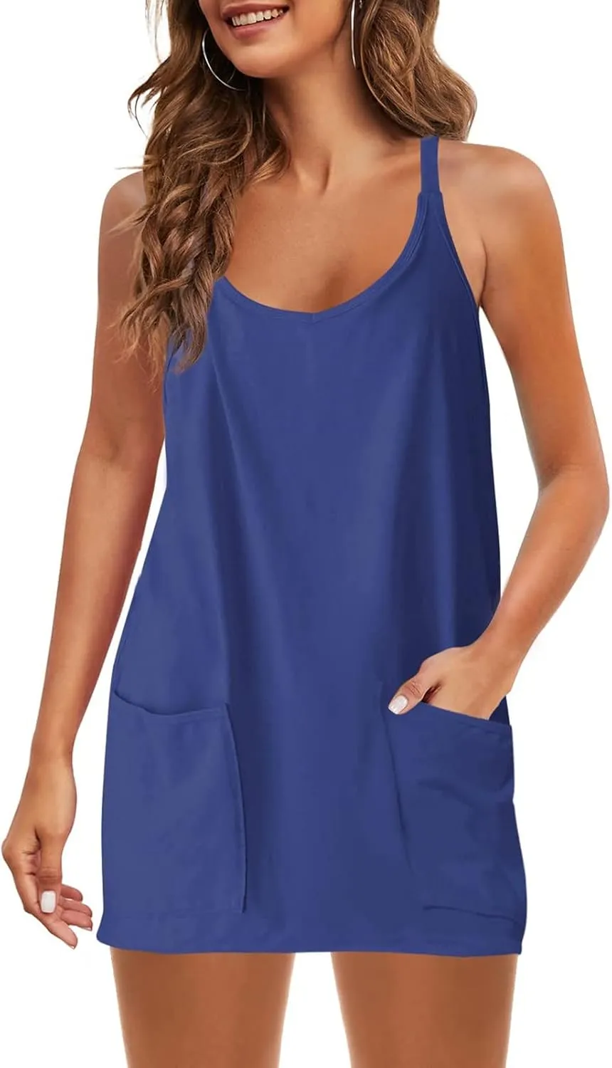 Ceboyel Short Summer Dress for Women Strappy Athletic Romper Hot Shot Mini Dress Workout Onesie Outfits With Pockes 2024