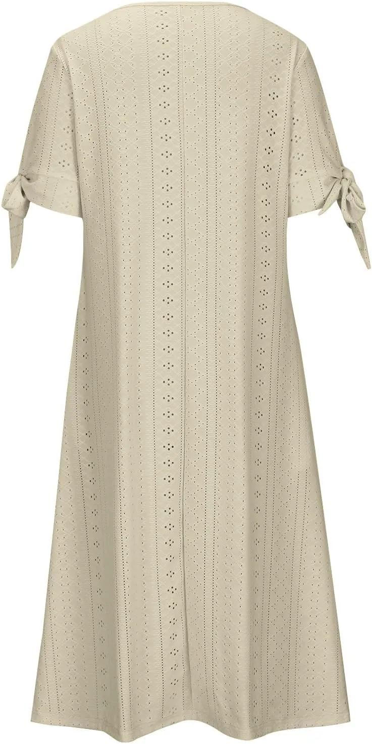 Ceboyel Womens Eyelet Casual Summer Dress Boho Embroidery Maxi Dresses Pleated Long Dress Vacation Trendy Clothing 2024
