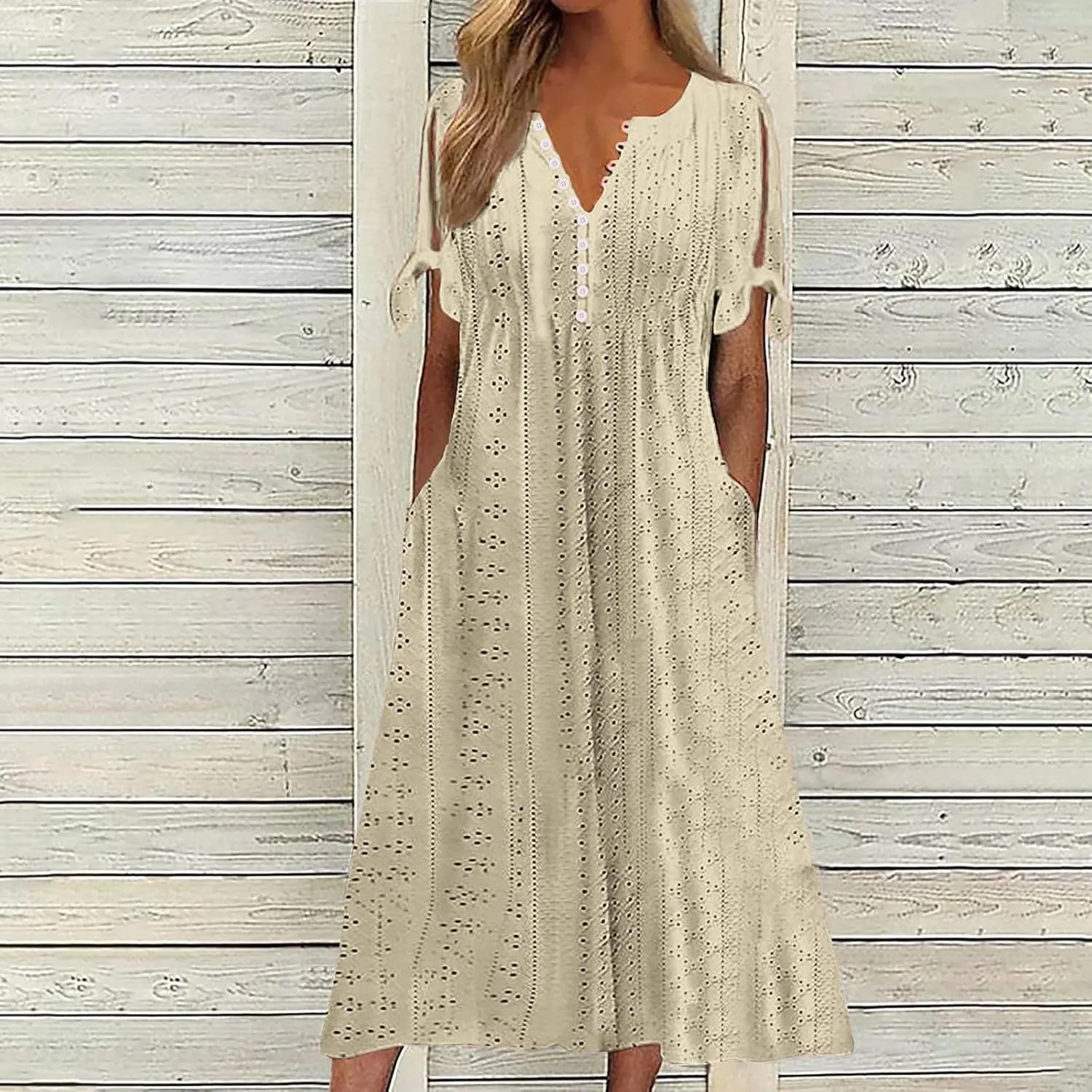 Ceboyel Womens Eyelet Casual Summer Dress Boho Embroidery Maxi Dresses Pleated Long Dress Vacation Trendy Clothing 2024