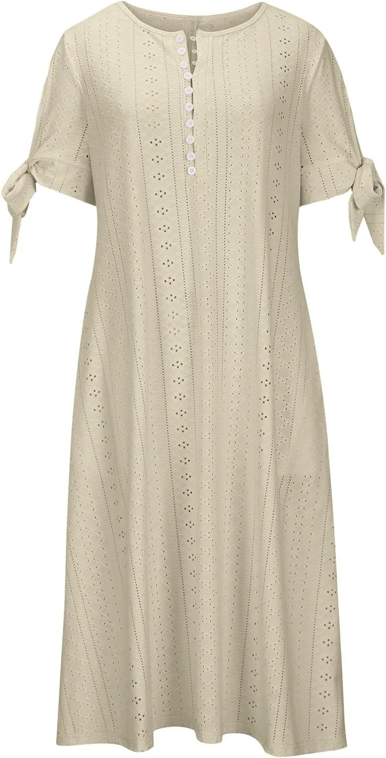 Ceboyel Womens Eyelet Casual Summer Dress Boho Embroidery Maxi Dresses Pleated Long Dress Vacation Trendy Clothing 2024