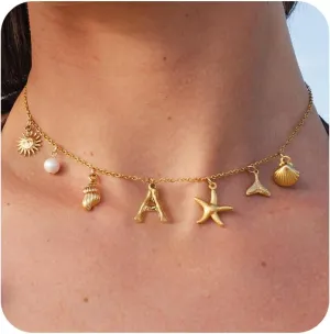 Charm Necklaces for Women, Trendy Boho 14K Gold Plated Initial Necklace Starfish Pearl SeaShells Shell Sun Pendant Choker Necklace Summer Beach Jewelry for Women Gift