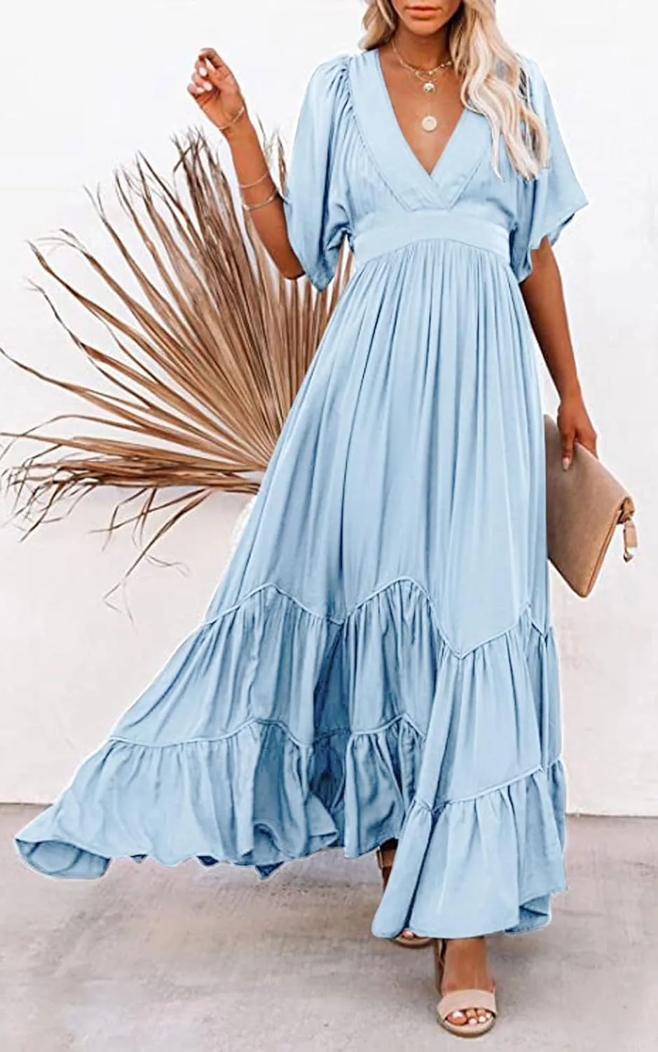 CHARTOU Women's Boho Ruffle Sleeve Flowy Maxi Dress Lace Up Back Tiered Party A Line Dress