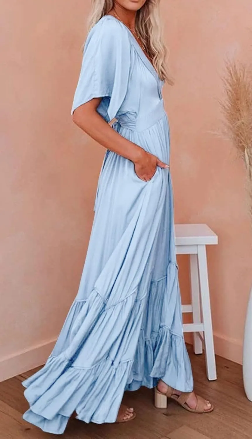 CHARTOU Women's Boho Ruffle Sleeve Flowy Maxi Dress Lace Up Back Tiered Party A Line Dress