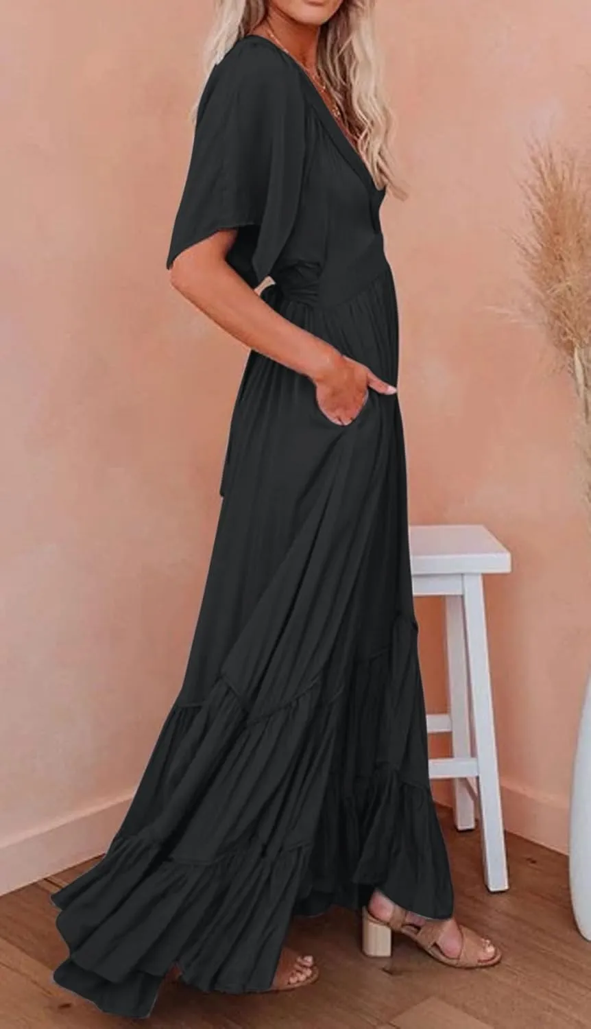 CHARTOU Women's Boho Ruffle Sleeve Flowy Maxi Dress Lace Up Back Tiered Party A Line Dress