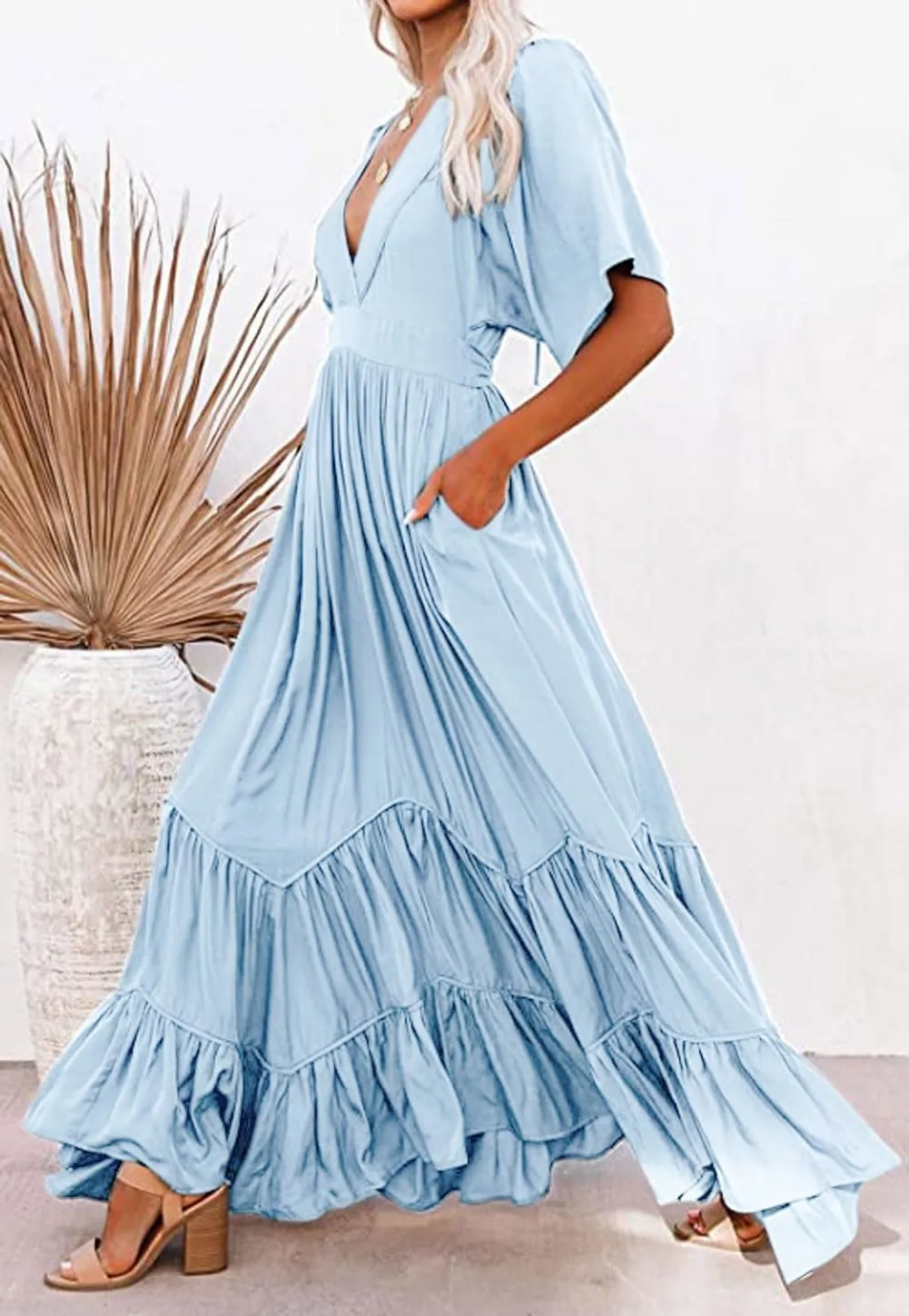 CHARTOU Women's Boho Ruffle Sleeve Flowy Maxi Dress Lace Up Back Tiered Party A Line Dress