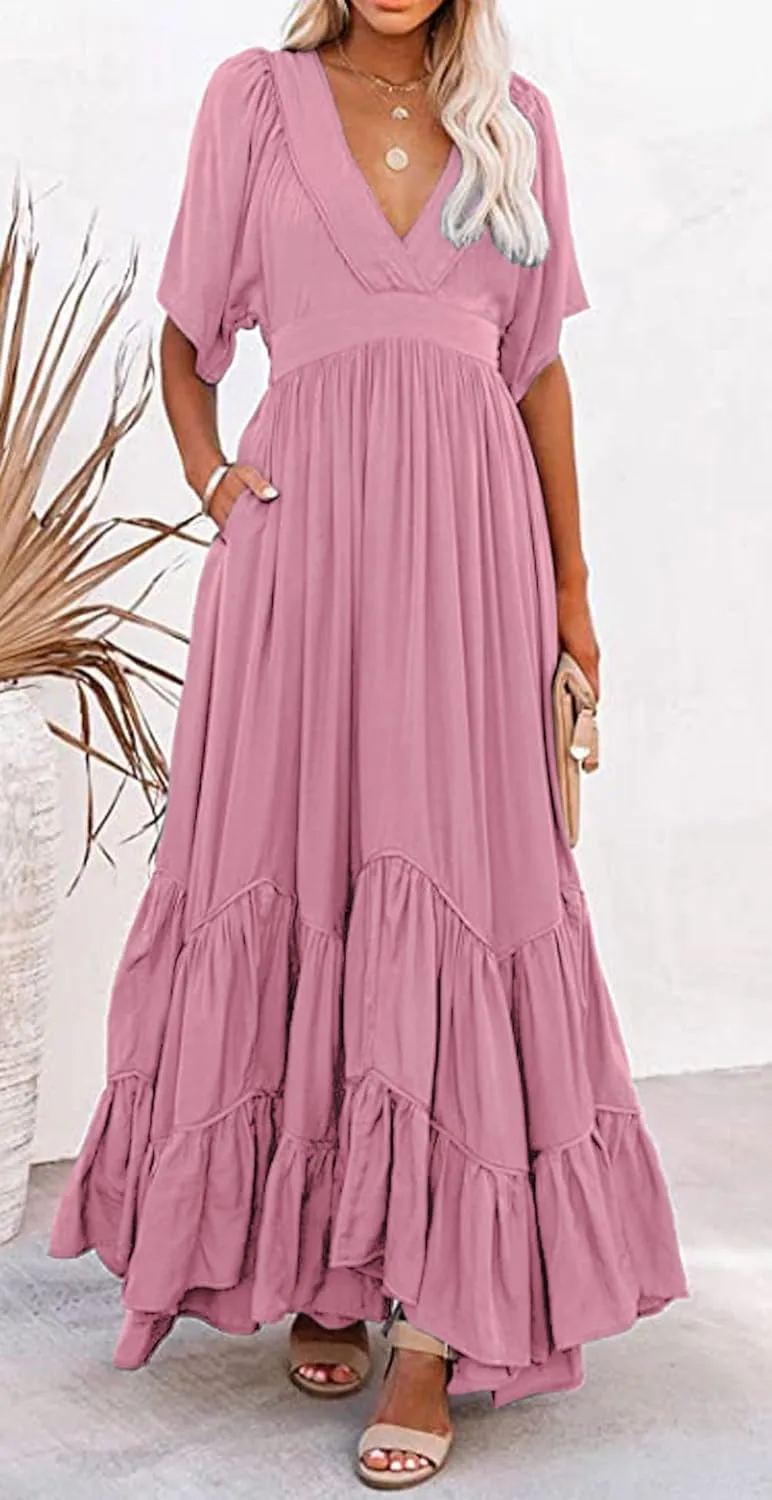CHARTOU Women's Boho Ruffle Sleeve Flowy Maxi Dress Lace Up Back Tiered Party A Line Dress
