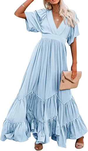 CHARTOU Women's Boho Ruffle Sleeve Flowy Maxi Dress Lace Up Back Tiered Party A Line Dress
