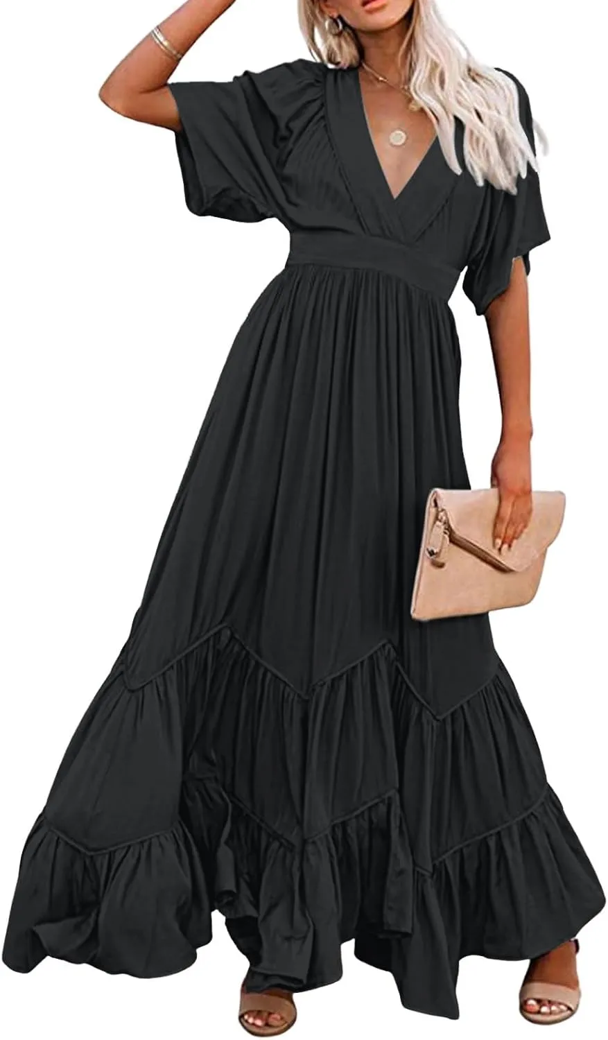 CHARTOU Women's Boho Ruffle Sleeve Flowy Maxi Dress Lace Up Back Tiered Party A Line Dress