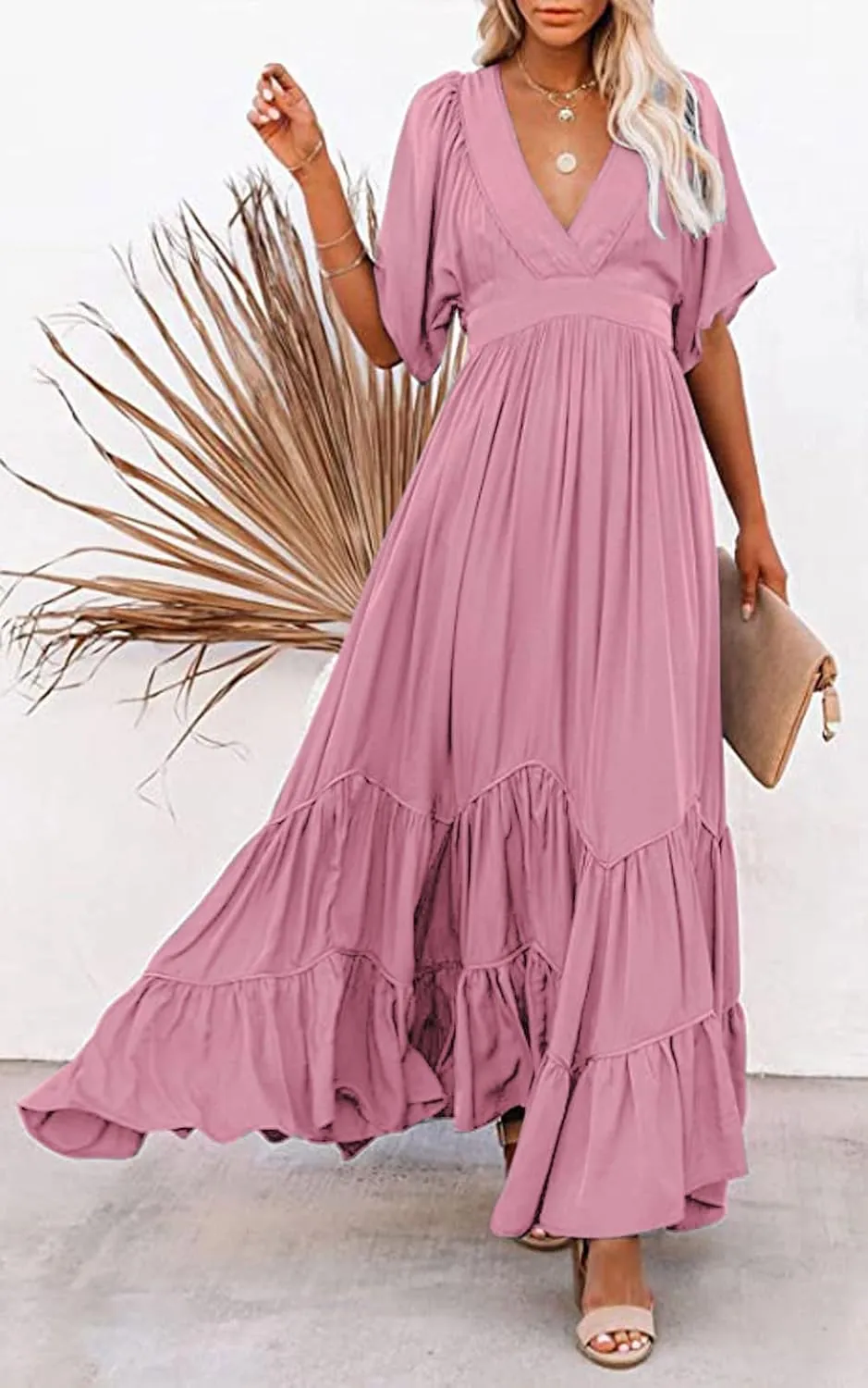 CHARTOU Women's Boho Ruffle Sleeve Flowy Maxi Dress Lace Up Back Tiered Party A Line Dress