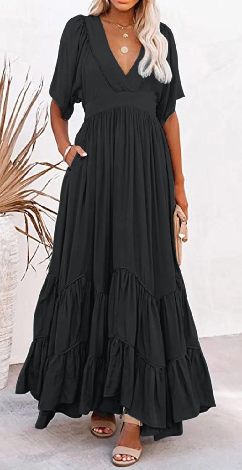 CHARTOU Women's Boho Ruffle Sleeve Flowy Maxi Dress Lace Up Back Tiered Party A Line Dress