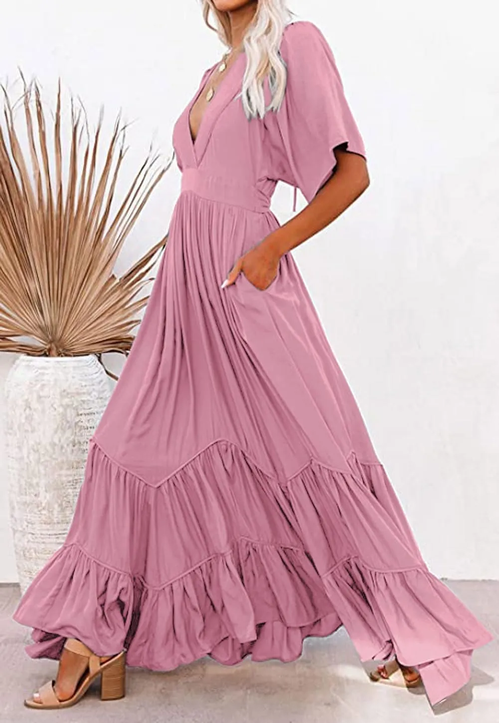 CHARTOU Women's Boho Ruffle Sleeve Flowy Maxi Dress Lace Up Back Tiered Party A Line Dress